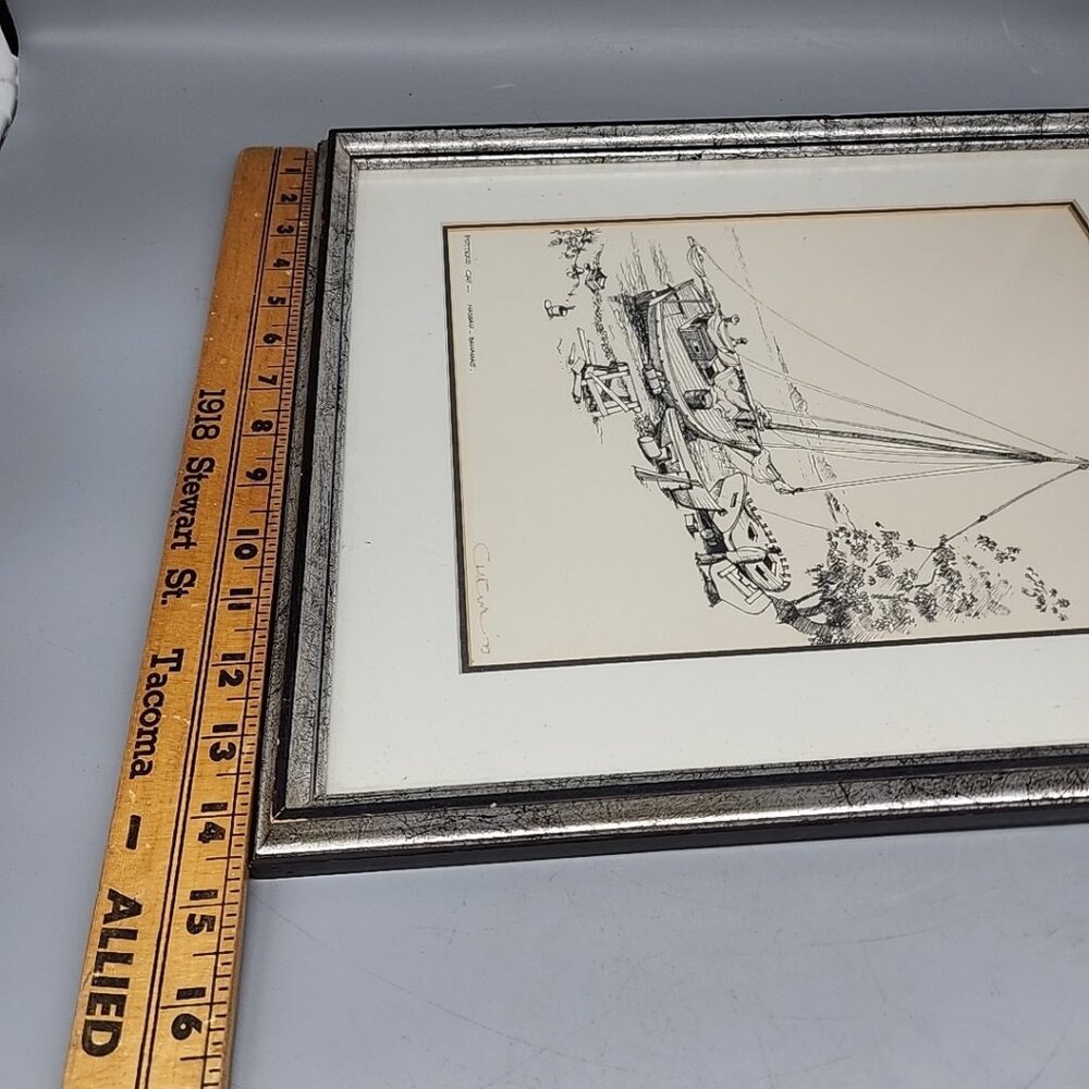 Framed Sketch Pencil Art Potters Cay Nassau Bahamas Signed Sailboat Wall Hanging - Picture 6 of 8